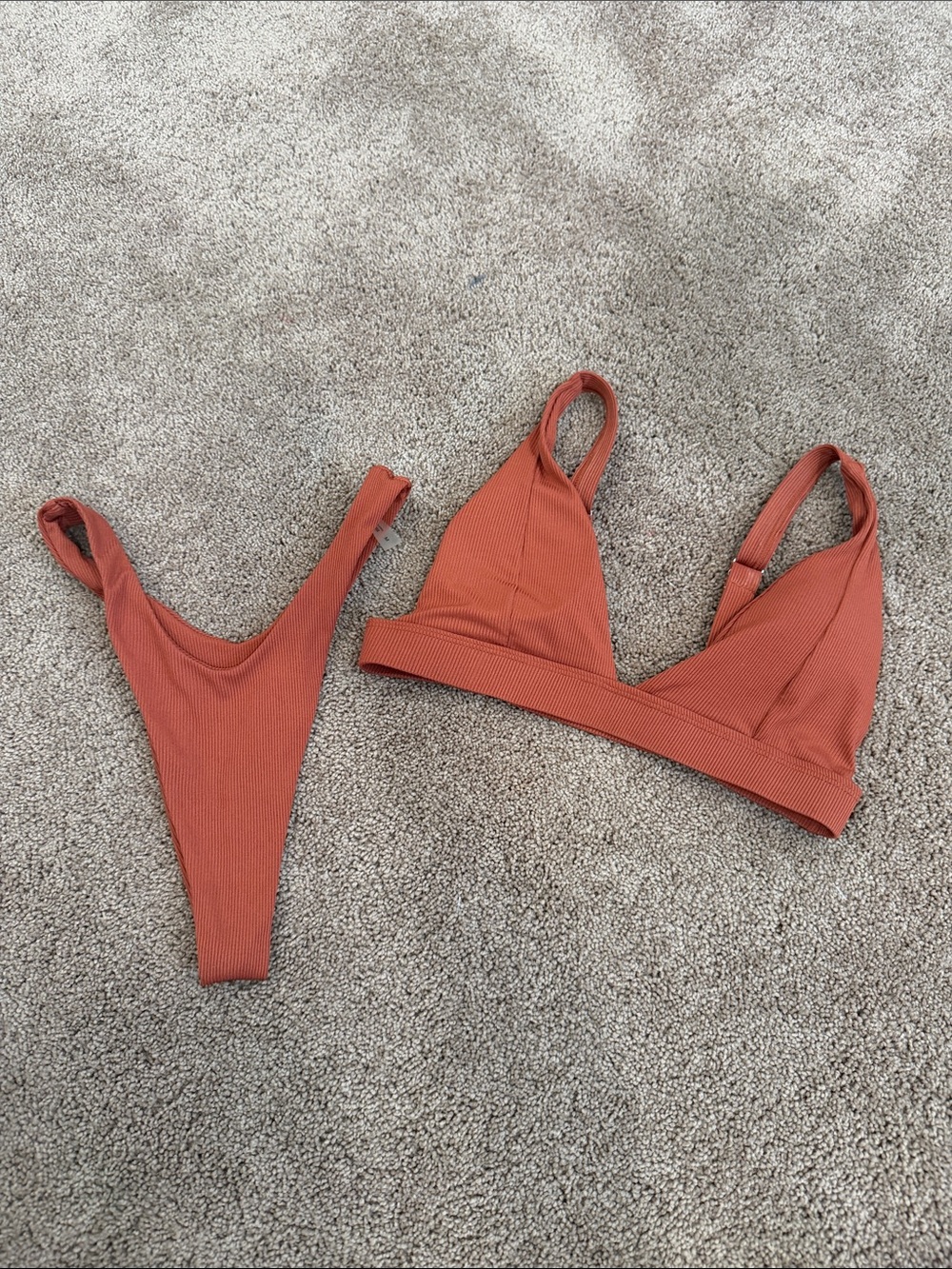 Rust Ribbed Triangle Bikini Top and High-Cut Bottom - Women Swim